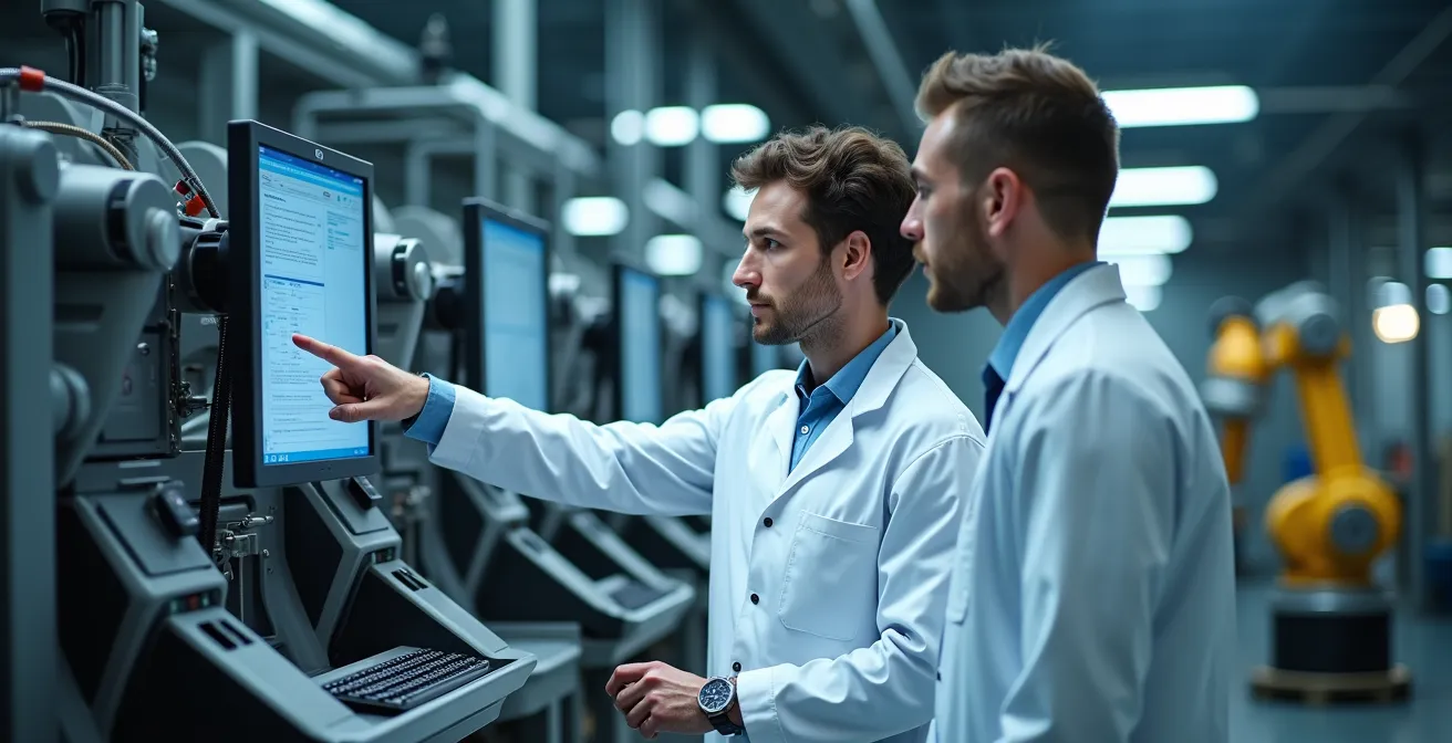 Professional technicians collaborating on advanced robotic system diagnostics