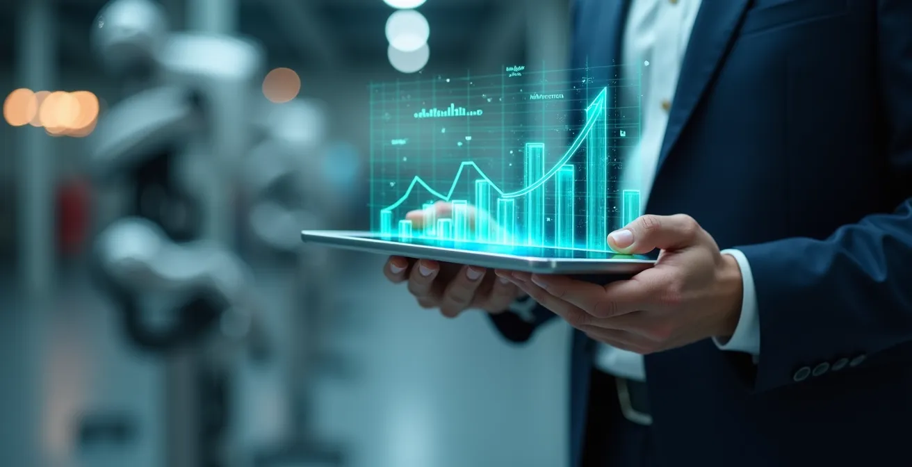 Financial analyst reviewing industrial robotics performance metrics on holographic displays